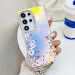 For Samsung Galaxy S22 Ultra 5G Electroplating Laser Flower Phone Case with Wrist Strap(Plum Blossom AH18)
