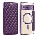 For Google Pixel 7a Shield Magsafe RFID Anti-theft Rhombus Leather Phone Case(Purple)