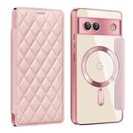 For Google Pixel 7a Shield Magsafe RFID Anti-theft Rhombus Leather Phone Case(Pink)