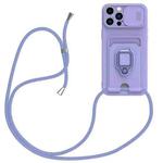 For iPhone 15 Pro Max Sliding Camshield Magnetic Card Holder Silicone Phone Case with Lanyard(Light Purple)