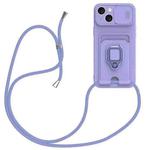 For iPhone 15 Plus Sliding Camshield Magnetic Card Holder Silicone Phone Case with Lanyard(Light Purple)