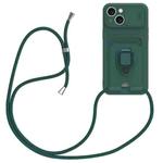 For iPhone 15 Sliding Camshield Magnetic Card Holder Silicone Phone Case with Lanyard(Dark Night Green)