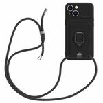 For iPhone 14 Plus Sliding Camshield Magnetic Card Holder Silicone Phone Case with Lanyard(Black)