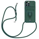 For iPhone 14 Pro Sliding Camshield Magnetic Card Holder Silicone Phone Case with Lanyard(Dark Night Green)