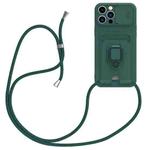 For iPhone 12 Pro Sliding Camshield Magnetic Card Holder Silicone Phone Case with Lanyard(Dark Night Green)