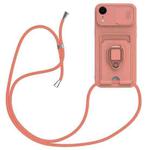 For iPhone XR Sliding Camshield Magnetic Card Holder Silicone Phone Case with Lanyard(Pink)