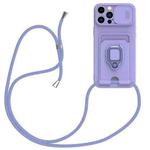 For iPhone 16 Pro Max Sliding Camshield Magnetic Card Holder Silicone Phone Case with Lanyard(Light Purple)