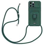 For iPhone 16 Pro Max Sliding Camshield Magnetic Card Holder Silicone Phone Case with Lanyard(Dark Night Green)