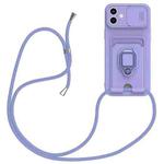 For iPhone 16 Plus Sliding Camshield Magnetic Card Holder Silicone Phone Case with Lanyard(Light Purple)