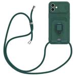 For iPhone 16 Plus Sliding Camshield Magnetic Card Holder Silicone Phone Case with Lanyard(Dark Night Green)