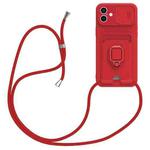 For iPhone 16 Plus Sliding Camshield Magnetic Card Holder Silicone Phone Case with Lanyard(Red)