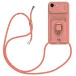 For iPhone 16e Sliding Camshield Magnetic Card Holder Silicone Phone Case with Lanyard(Pink)