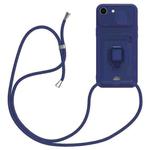 For iPhone 16e Sliding Camshield Magnetic Card Holder Silicone Phone Case with Lanyard(Navy Blue)
