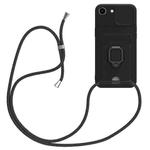 For iPhone 16e Sliding Camshield Magnetic Card Holder Silicone Phone Case with Lanyard(Black)