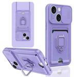 For iPhone 15 Plus Sliding Camshield Magnetic Card Holder Silicone Phone Case(Light Purple)