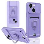 For iPhone 14 Plus Sliding Camshield Magnetic Card Holder Silicone Phone Case(Light Purple)