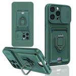 For iPhone 14 Pro Max Sliding Camshield Magnetic Card Holder Silicone Phone Case(Dark Night Green)