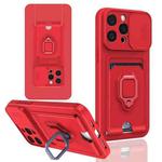 For iPhone 14 Pro Max Sliding Camshield Magnetic Card Holder Silicone Phone Case(Red)