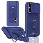 For iPhone XS Max Sliding Camshield Magnetic Card Holder Silicone Phone Case(Navy Blue)