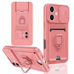 For iPhone 16 Sliding Camshield Magnetic Card Holder Silicone Phone Case(Pink)