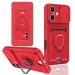 For iPhone 16 Sliding Camshield Magnetic Card Holder Silicone Phone Case(Red)