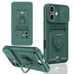 For iPhone 16 Plus Sliding Camshield Magnetic Card Holder Silicone Phone Case(Dark Night Green)