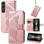 For Sony Xperia 1 VI Butterfly Love Flower Embossed Leather Phone Case(Rose Gold)