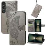 For Sony Xperia 1 VI Butterfly Love Flower Embossed Leather Phone Case(Gray)