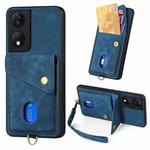 For Honor X7b Retro Card Wallet Fold Leather Phone Case with Strap(Blue)