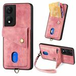 For Honor X7b Retro Card Wallet Fold Leather Phone Case with Strap(Pink)
