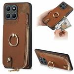 For Honor X6a Cross Leather Ring Vertical Zipper Wallet Back Phone Case(Brown)