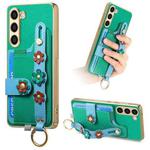 For Samsung Galaxy S23+ 5G Stereoscopic Flowers Wristband Card Bag Phone Case(Green)
