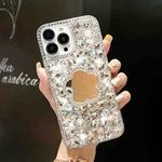 For iPhone 15 Pro Max Mirror Handmade Bling Rhinestone PC Phone Case(Silver Gray Flower)