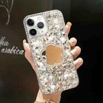 For iPhone 11 Pro Max Mirror Handmade Bling Rhinestone PC Phone Case(Silver Gray Flower)