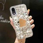 For iPhone XR Mirror Handmade Bling Rhinestone PC Phone Case(Silver Gray Flower)