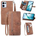 For OPPO Reno13 Embossed Flower Zipper Leather Phone Case(Brown)