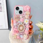 For iPhone 15 Plus Diamond Inlaid Rose PC Phone Case(Pink)