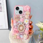 For iPhone 15 Diamond Inlaid Rose PC Phone Case(Pink)