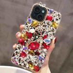 For iPhone 14 Plus Handmade Bling Rhinestone Gemstone Fox PC Phone Case(Red)