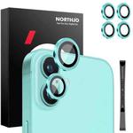 For iPhone 16 / 16 Plus NORTHJO 2 Sets 4pcs Camera Lens Protector Cover Metal Ring Film(Cyan)