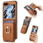 For Samsung Galaxy Z Flip6 Carbon Fiber Ring Card Bag Magsafe Phone Case(Brown)