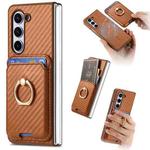 For Samsung Galaxy Z Fold6 Carbon Fiber Ring Card Bag Magsafe Phone Case(Brown)