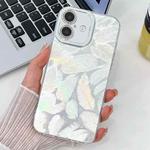 For iPhone 16 Plus Plating Glitter Texture TPU Phone Case with Lens Film(White Feathers)