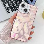 For iPhone 15 Plating Glitter Texture TPU Phone Case with Lens Film(Pink Feathers)