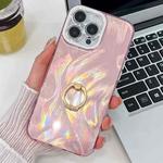 For iPhone 16 Pro Max Plating Glitter Texture Ring Holder TPU Phone Case with Lens Film(Pink Feather Yarn)