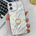 For iPhone 16 Plus Plating Glitter Texture Ring Holder TPU Phone Case with Lens Film(White Water Ripples)