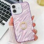 For iPhone 16 Plus Plating Glitter Texture Ring Holder TPU Phone Case with Lens Film(Purple Water Ripples)