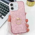 For iPhone 16 Plus Plating Glitter Texture Ring Holder TPU Phone Case with Lens Film(Pink Shell Pattern)