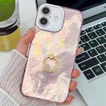 For iPhone 16 Plus Plating Glitter Texture Ring Holder TPU Phone Case with Lens Film(Pink Tinfoil Texture)