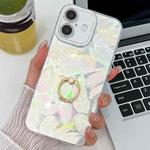 For iPhone 16 Plus Plating Glitter Texture Ring Holder TPU Phone Case with Lens Film(White Feathers)